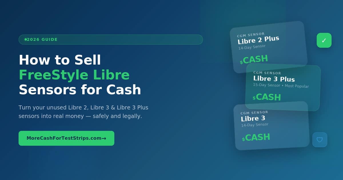 A digital guide, "How to Sell FreeStyle Libre Sensors for Cash in 2026," features images of Libre sensors and provides a website link for selling your unused sensors securely and easily.