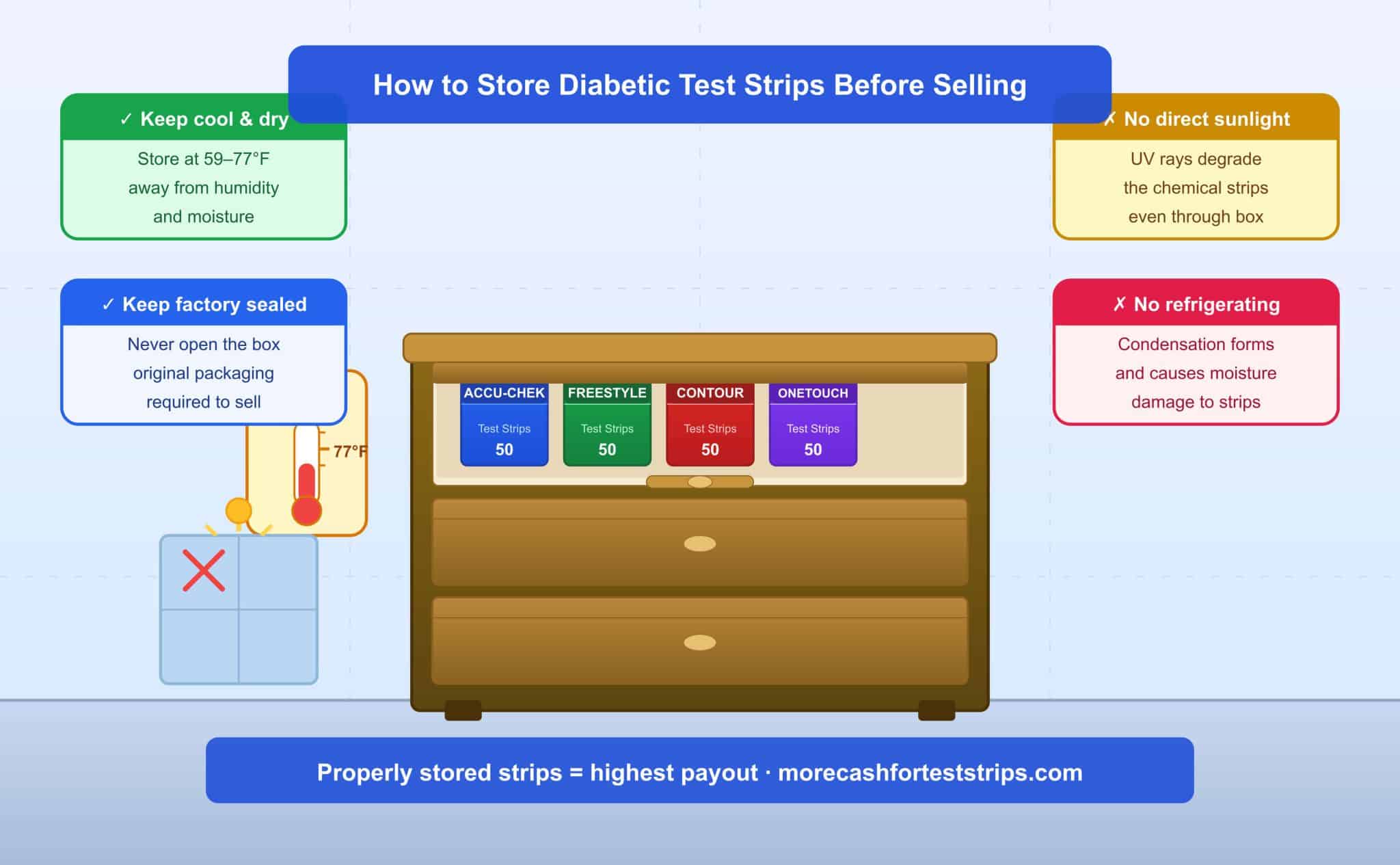 Learn exactly how to store diabetic test strips and supplies before selling them for the highest payout. Avoid common storage mistakes and get more cash today.